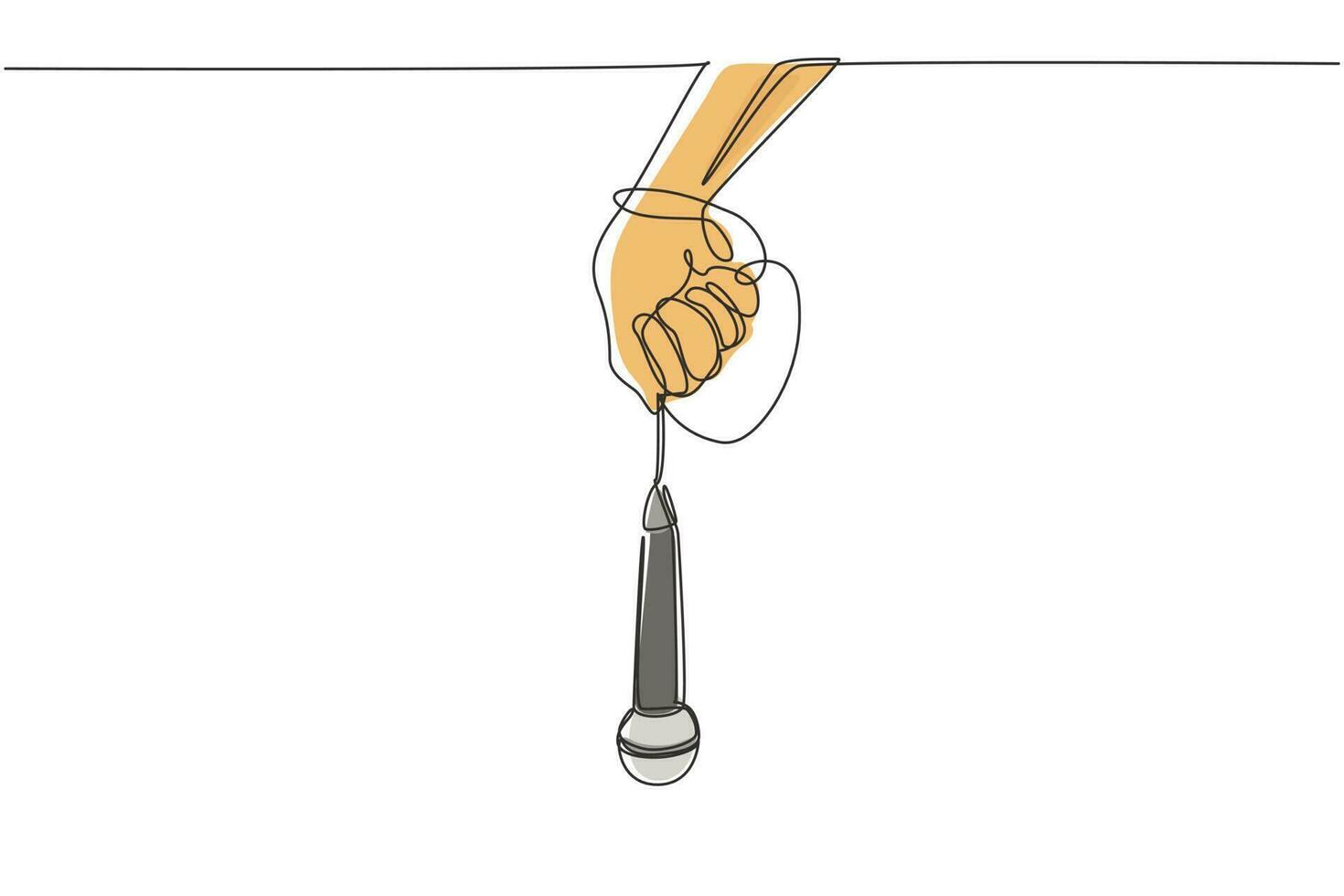 Single continuous line drawing hand holding microphone with lead wrapped around wrist. Man holding microphone in his hand at karaoke singer sings song. One line draw graphic design vector illustration