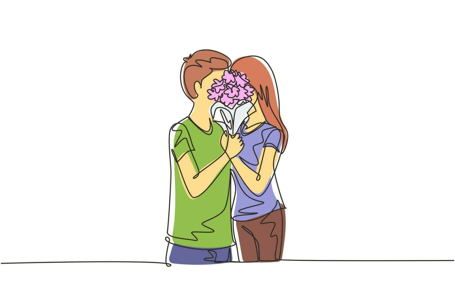 Single one line drawing young couple hugging and kissing behind bouquet of flowers. Happy man and woman celebrating wedding anniversary. Modern continuous line draw design graphic vector illustration
