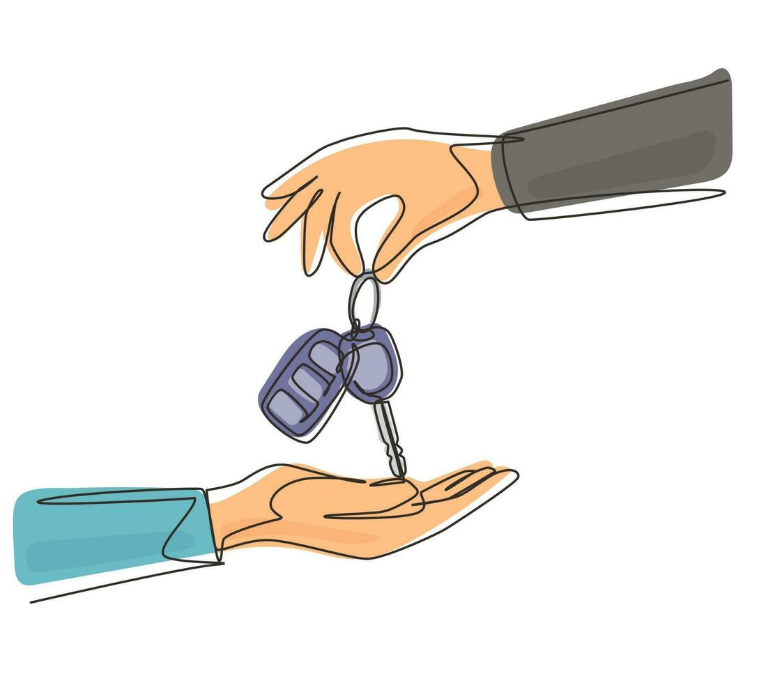 Continuous one line drawing car seller hand giving key and alarm system to buyer. Car rental for sale concept. Hand of car salesman manager holding key. Single line draw design vector illustration