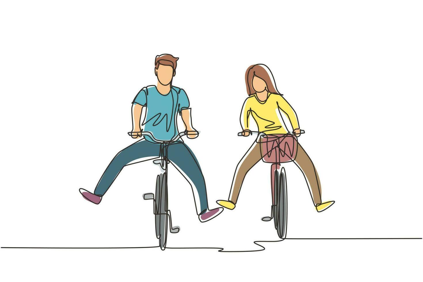 Continuous one line drawing happy funny young couple riding on bicycle. Romantic teenage couple ride bike. Young man and woman in love. Happy married couple. Single line draw design vector graphic