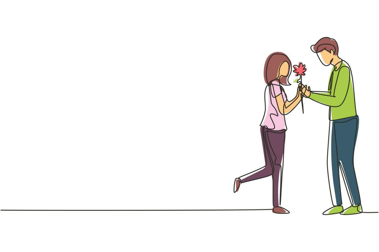 dibujo de una sola línea continua adorable pareja feliz enamorada en una cita romántica. lindo niño sonriente dando flor de rosa a la niña. joven y mujer se conocieron para salir. vector de diseño gráfico de dibujo de una línea