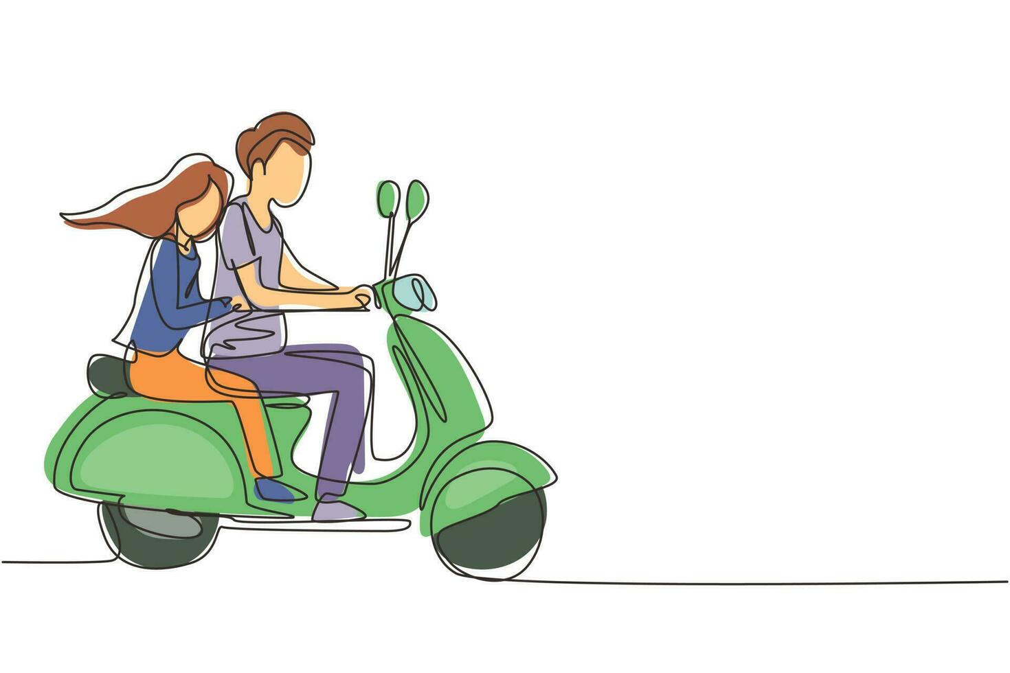 dibujo de una línea continua pareja montando motocicleta. el hombre conduciendo scooter y la mujer son pasajeros mientras se abrazan. conduciendo por la ciudad. conducir con seguridad. ilustración gráfica de vector de diseño de dibujo de una sola línea