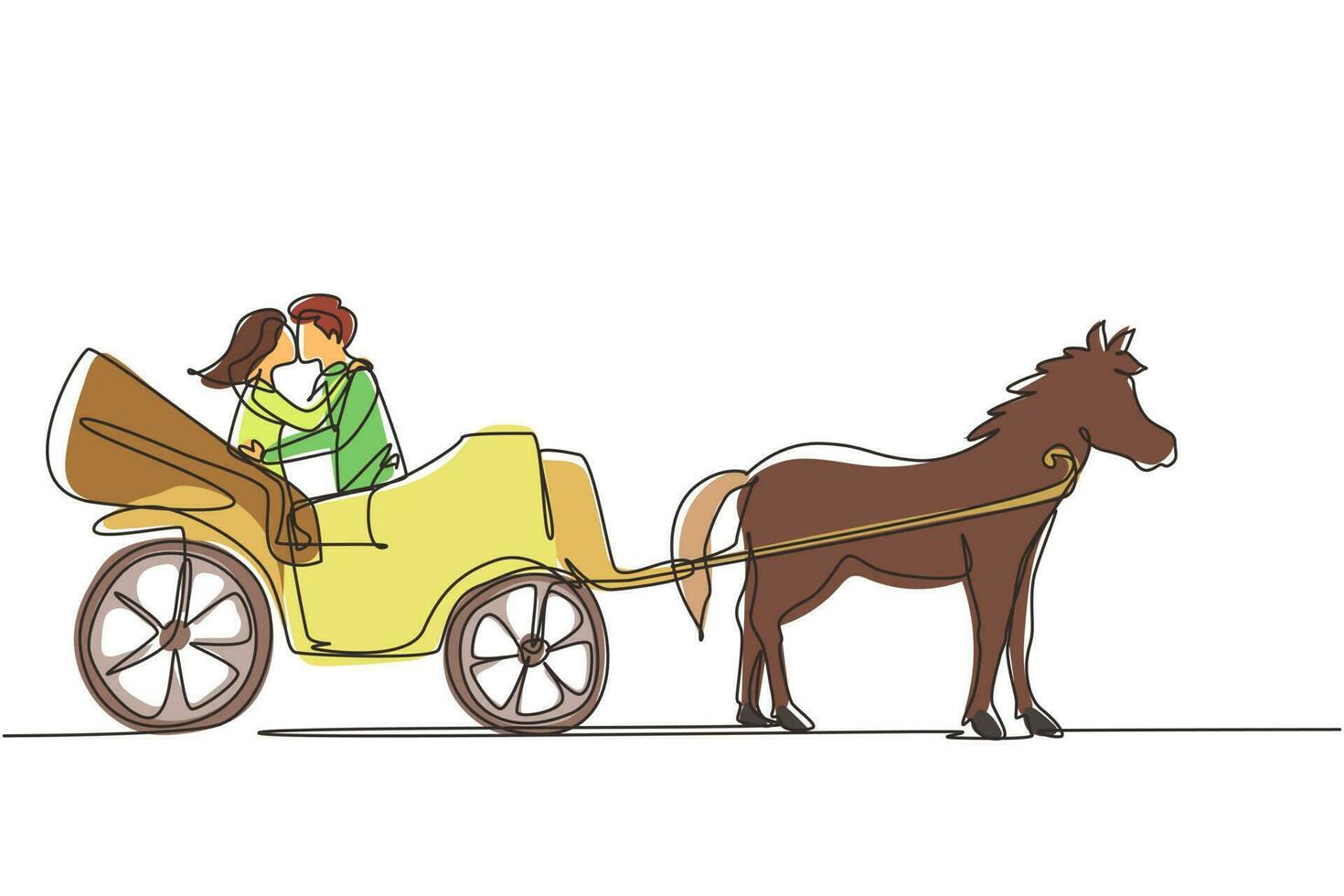 Single one line drawing wedding couple trying kiss each other. Just married. Happiness bride and groom sitting in carriage pulled by horse. Continuous line draw design graphic vector illustration