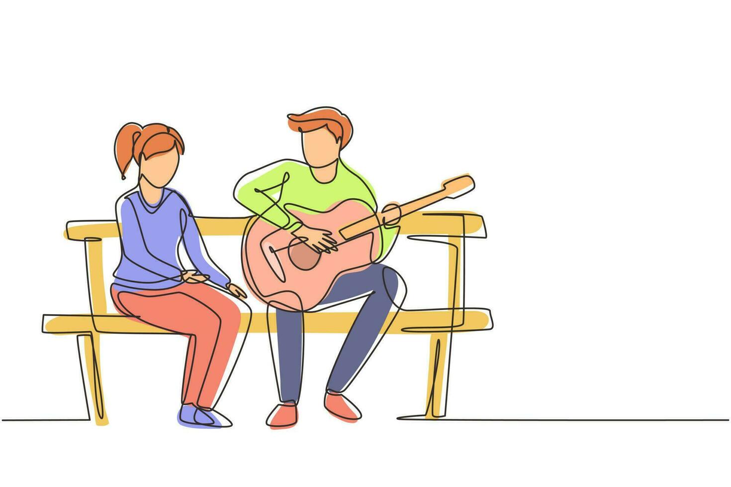 Single continuous line drawing people sitting on wooden bench in park. Couple on date, man playing music on guitar, girl listen and singing together. One line draw graphic design vector illustration