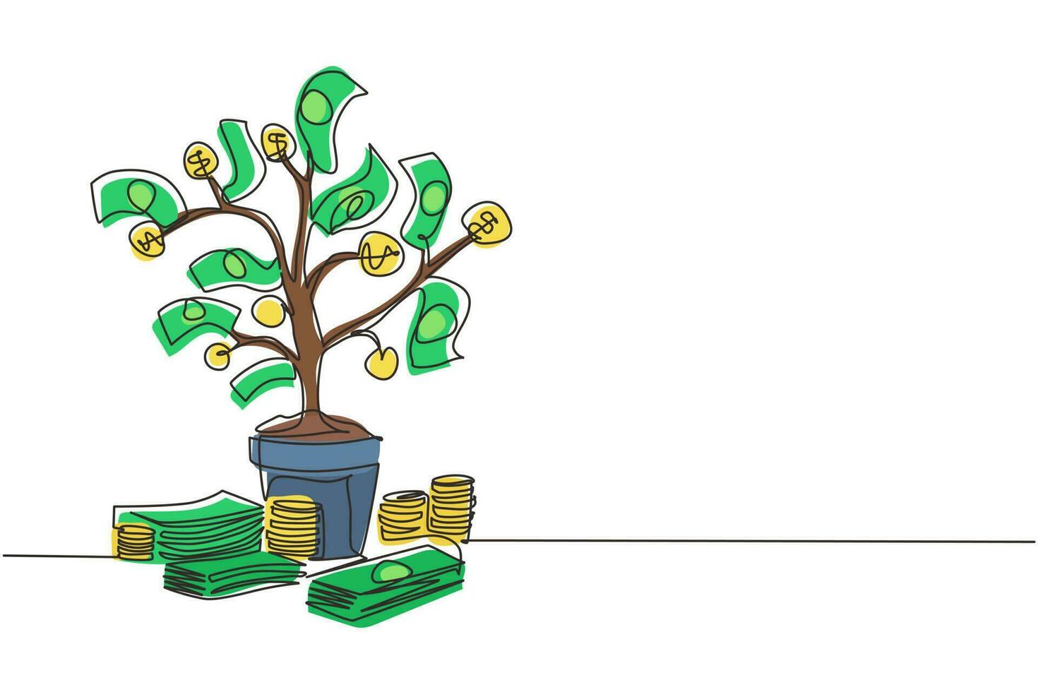 Single continuous line drawing money tree. Green cash banknotes with golden coins. Tree in ceramic pot. Concept of earnings, success in work, money. One line draw graphic design vector illustration