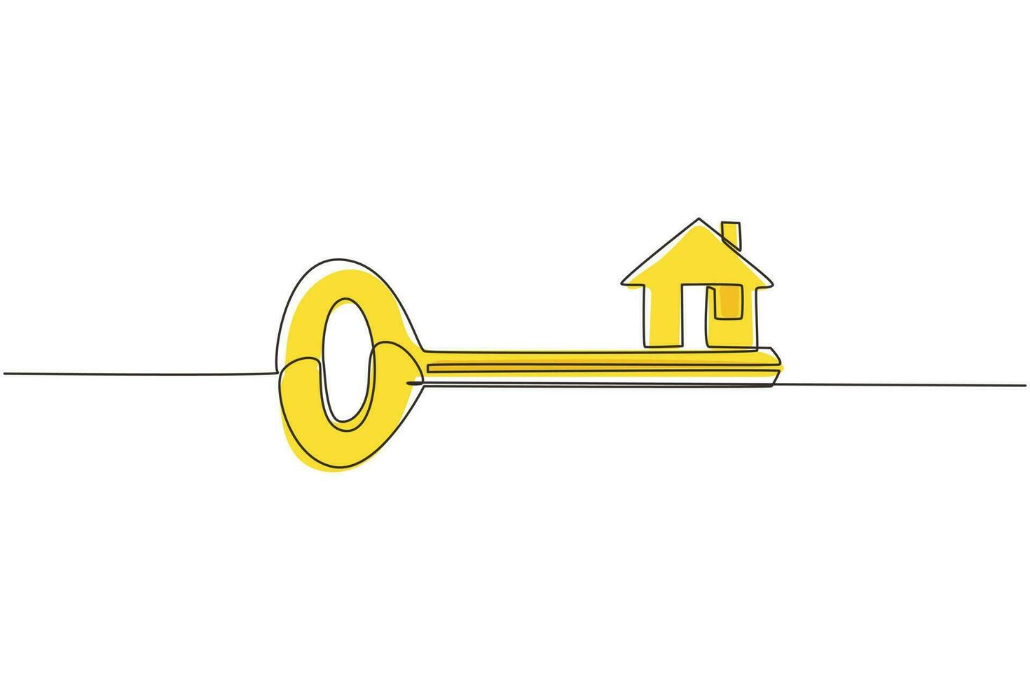 Single one line drawing key with house shape. Home security key house logo design. Real Estate concept, template for sales, rental, advertising. Continuous line draw design graphic vector illustration
