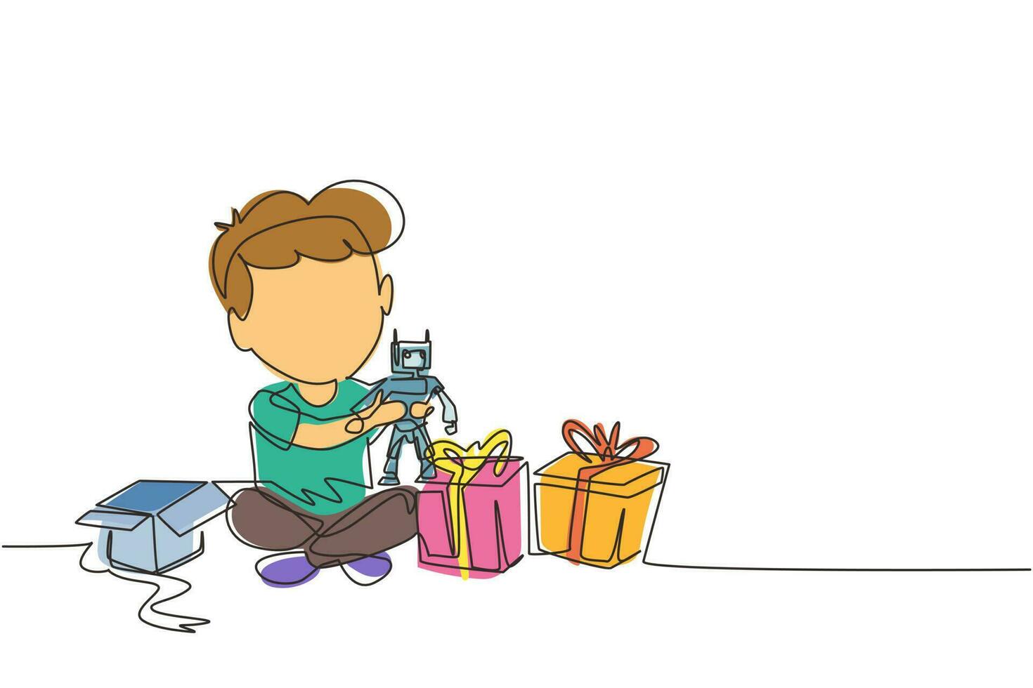 Single continuous line drawing excited little boy kid opening wrapped gift box decorated with ribbon bow. Happy cute little kid boy receive robot toy gift from birthday. Dynamic one line draw graphic vector