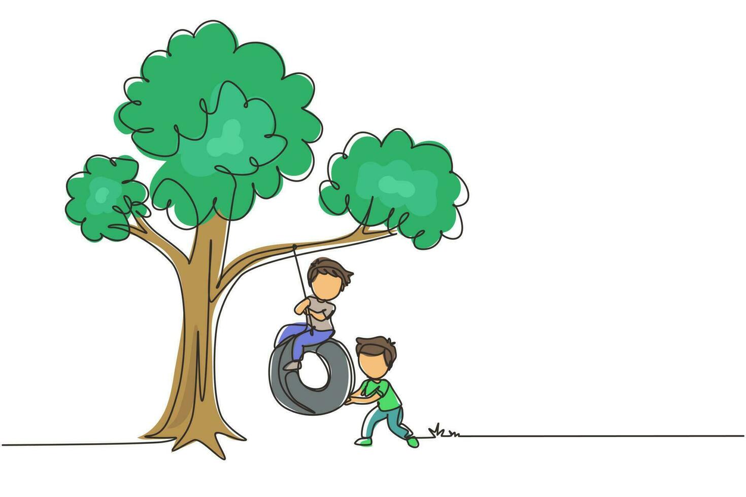 Single continuous line drawing happy two boys playing tire swing under tree. Cute kids swinging on tire hanging from tree. Children playing in garden. One line draw graphic design vector illustration