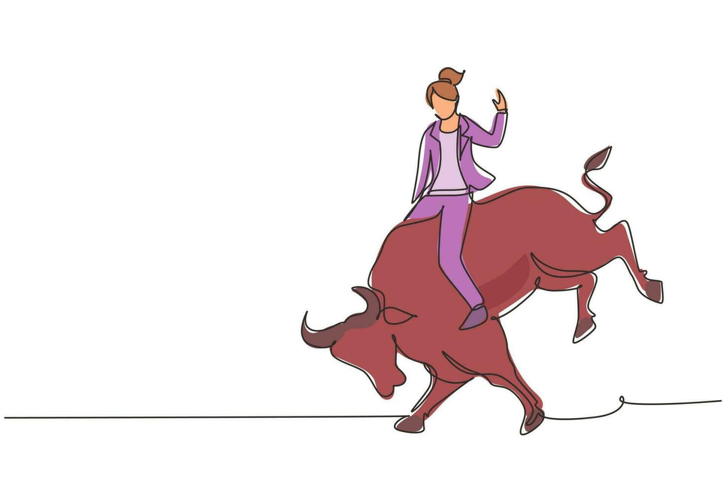 Single one line drawing businesswoman riding rodeo bull. Investment, bullish stock market trading, rising bonds trend. Successful business woman. Continuous line design graphic vector illustration