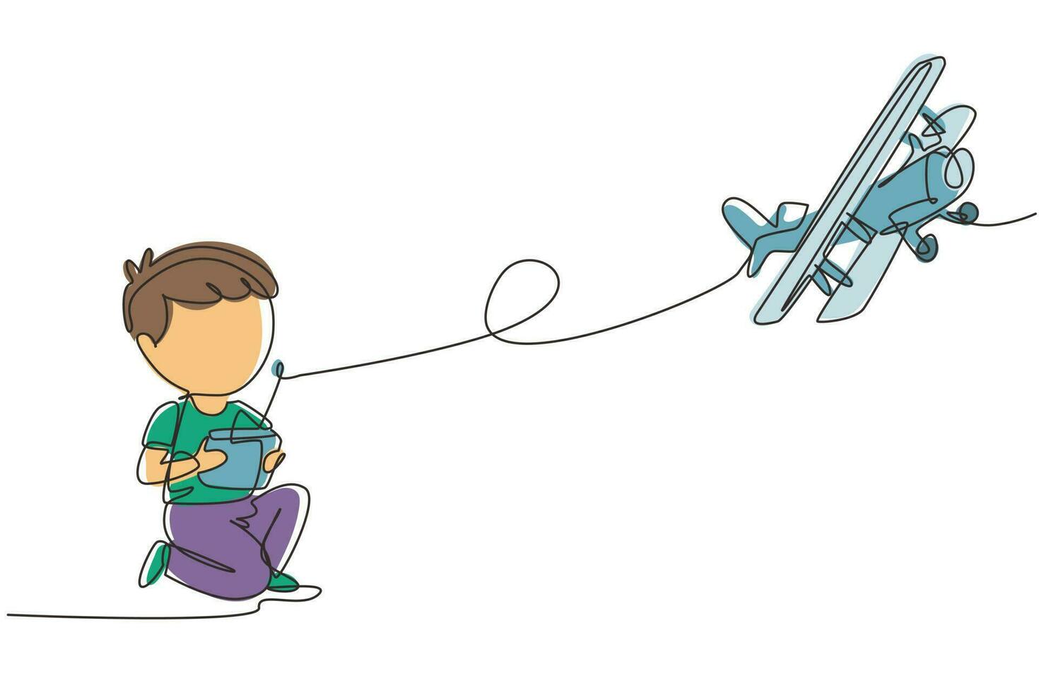 Single one line drawing boy playing with radio control airplane. Smiling kid controlled flying RC aeroplane. Happy childhood, hobby, pastime concept. Modern continuous line draw design graphic vector