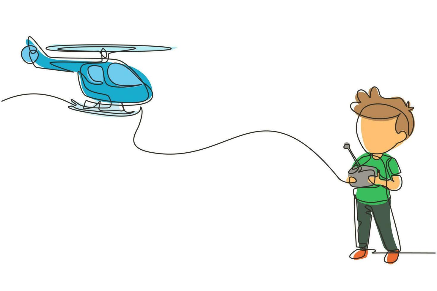 Continuous one line drawing boys playing with radio-controlled toy helicopter. Kids playing holding rc controllers. Smiling excited children with modern RC toys. Single line draw design vector graphic