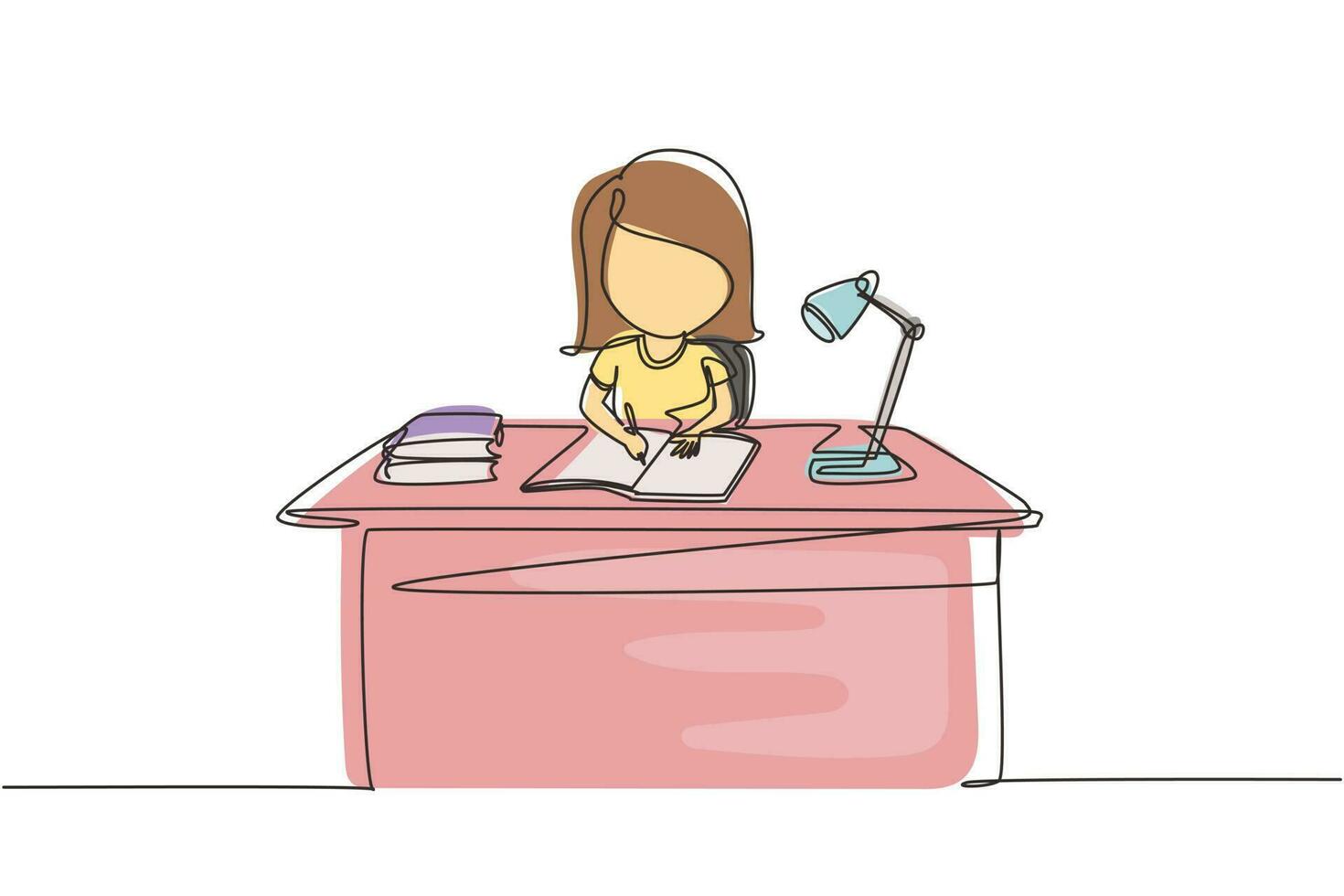 Continuous one line drawing girl studying on table with study lamp and pile of books. Kid makes homework from school. Intelligent student concept. Single line draw design vector graphic illustration