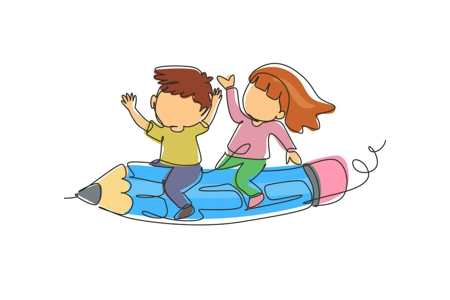 Continuous one line drawing happy school kids riding flying pencil, get ready for studying. Children riding on stationary. Back to school concept. Single line draw design vector graphic illustration
