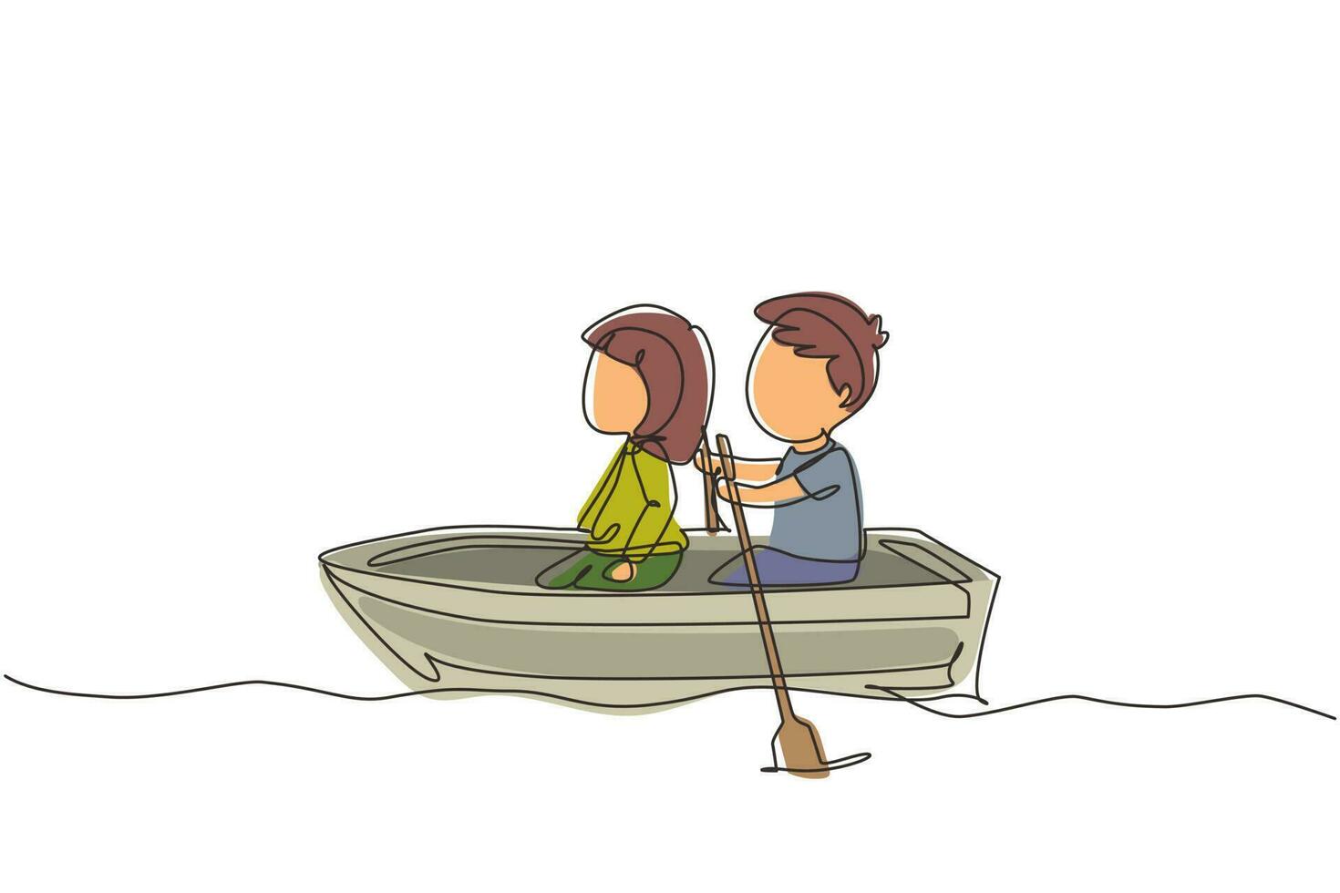 Single continuous line drawing little boy and girl riding on boat together. Kids riding on wooden boat at river. Kids rowing boat on lake. Happy children paddle boat. One line graphic design vector