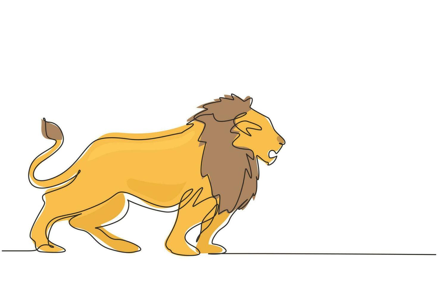 Single continuous line drawing strong lion standing full body, king of the jungle. Strong feline mammal mascot. Dangerous big cat animal logo. Dynamic one line draw graphic design vector illustration