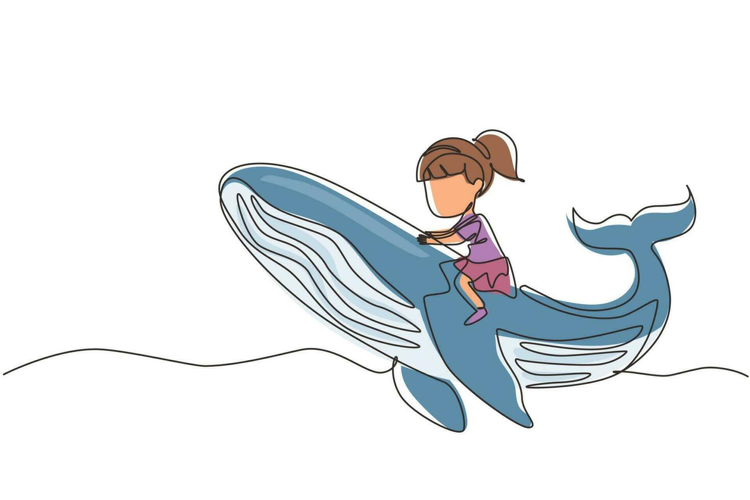 Continuous one line drawing little girl riding blue whale. Young kid sitting on back of whale at beach. Child learning to ride large blue whale. Single line draw design vector graphic illustration