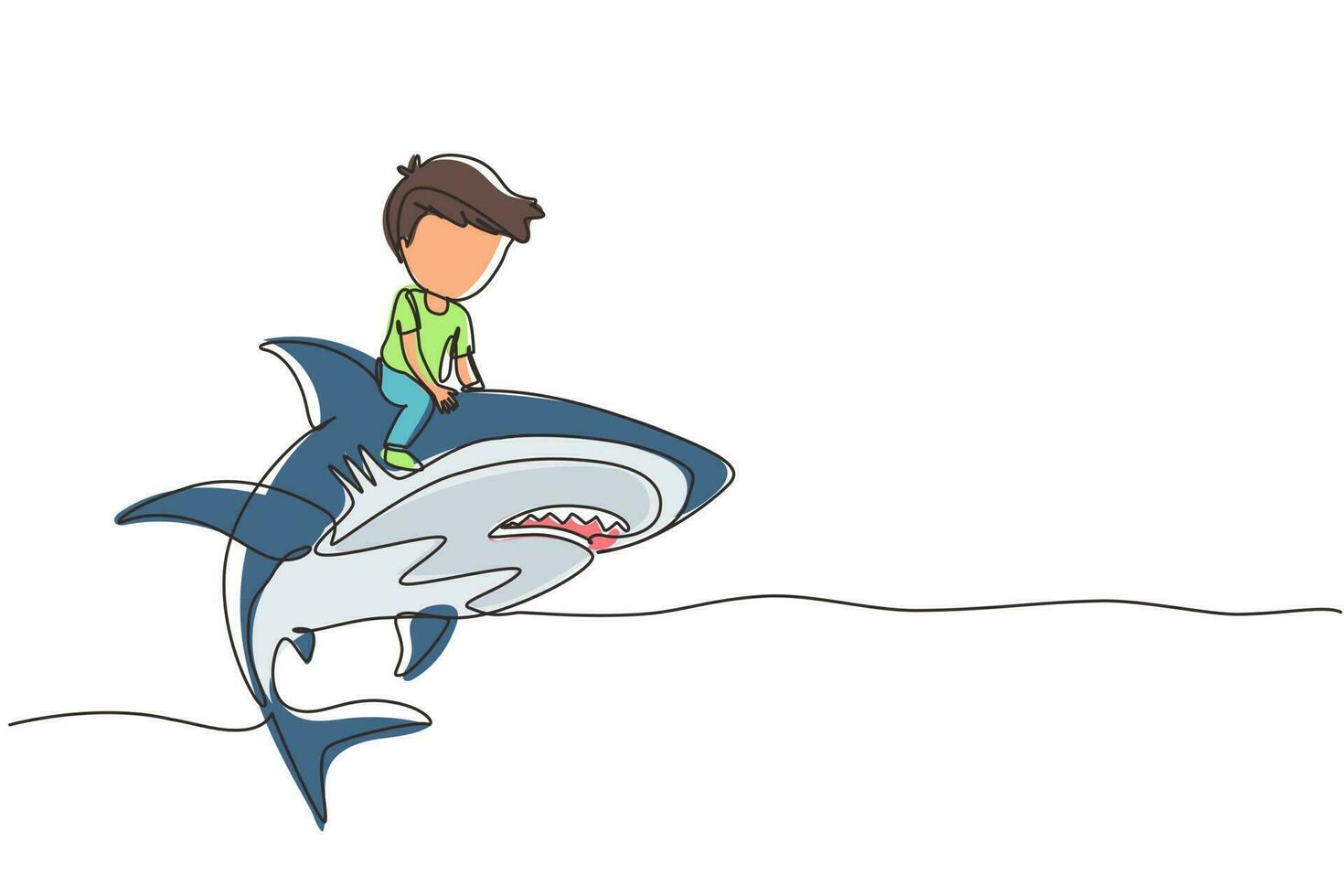Continuous one line drawing little boy riding inflatable shark. Young kid sitting on back shark in swimming pool. Shark ocean fish in deep water. Single line draw design vector graphic illustration