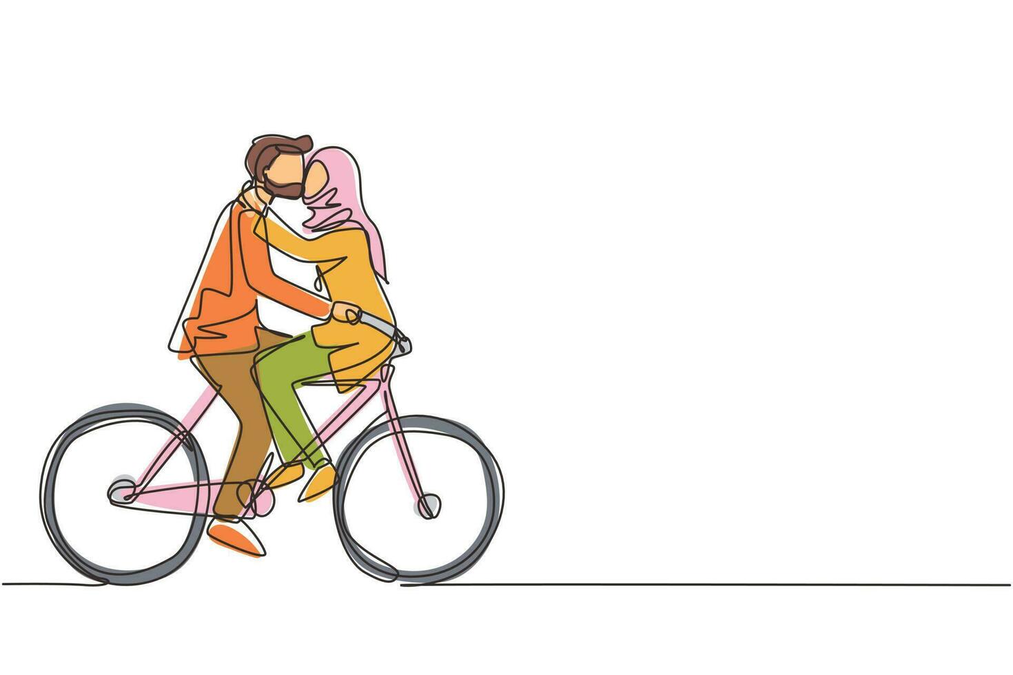 Single one line drawing active Arabian couple riding on bike together. Happy enamored man and woman cyclist hugging feeling love. Smiling people enjoying outdoors activity. Continuous line draw design vector
