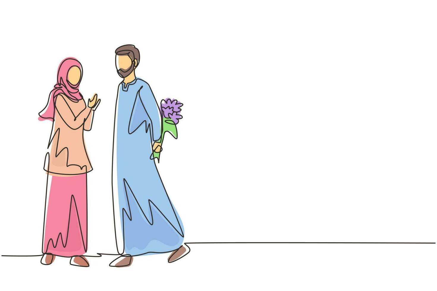 dibujo continuo de una línea el hombre árabe le da flores a la mujer. joven dando a mujer ramo de flores para proponer. pareja romántica enamorada. ilustración gráfica de vector de diseño de dibujo de una sola línea