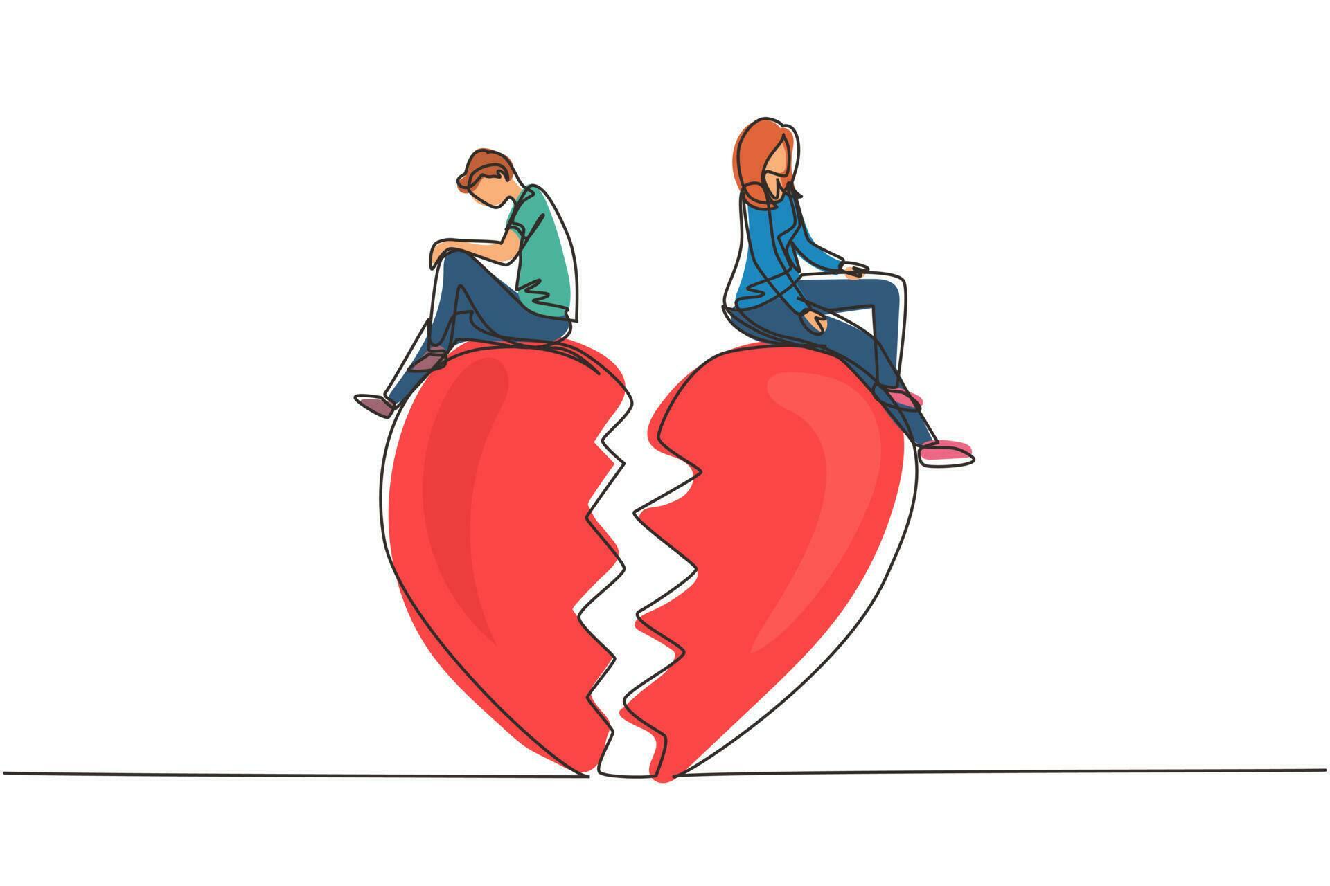 Single continuous line drawing relationship break up, broken heart