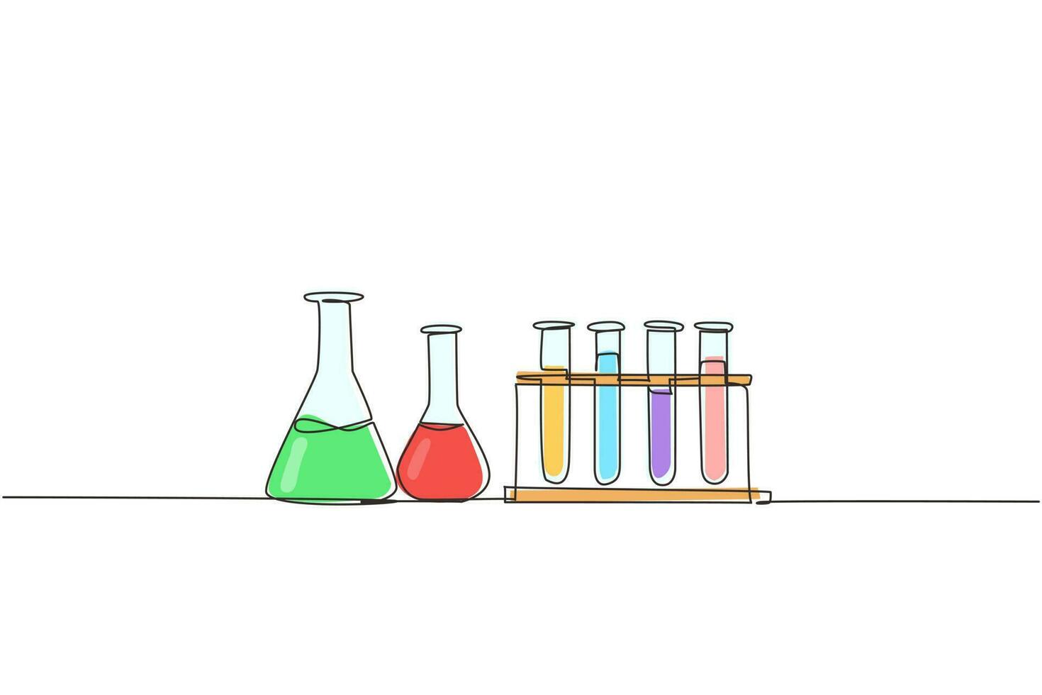 equipo de laboratorio de investigación química de dibujo de una sola línea. cristalería de laboratorio de química. tubo de ensayo de laboratorio graduado, vaso de precipitados, matraz. ilustración de vector gráfico de diseño de dibujo de línea continua moderna