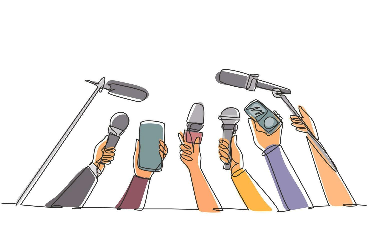 Continuous one line drawing hand with microphone. Journalism concept. Set of hands holding microphones. Press hands flat hand. Microphone. Journalist. Single line draw design vector illustration