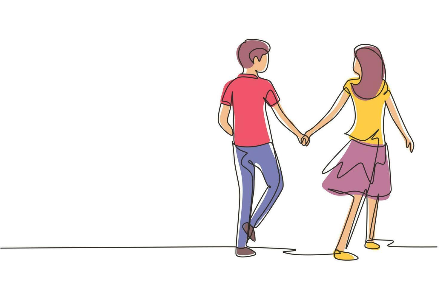 dibujo de una sola línea pareja joven romántica enamorada de la mano. pareja enamorada pasando tiempo juntos en el parque. concepto de familia feliz. ilustración de vector gráfico de diseño de dibujo de línea continua moderna