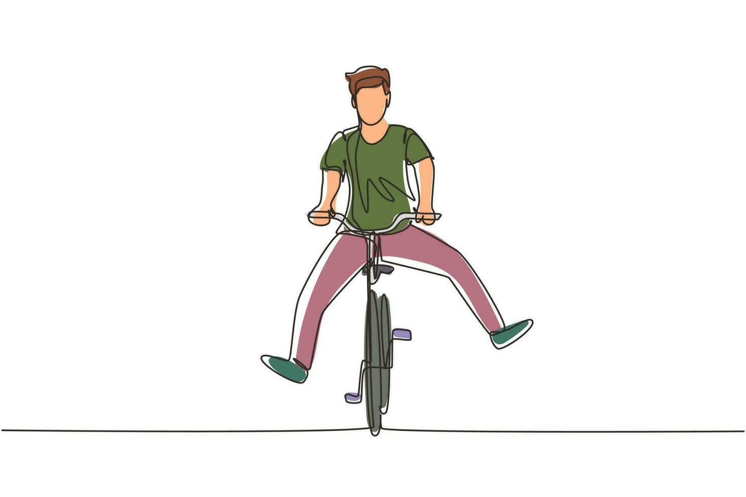 Single continuous line drawing happy young man in casual clothes riding bicycle. Healthy and sport lifestyle. Ecological vehicle of transportation. One line draw graphic design vector illustration