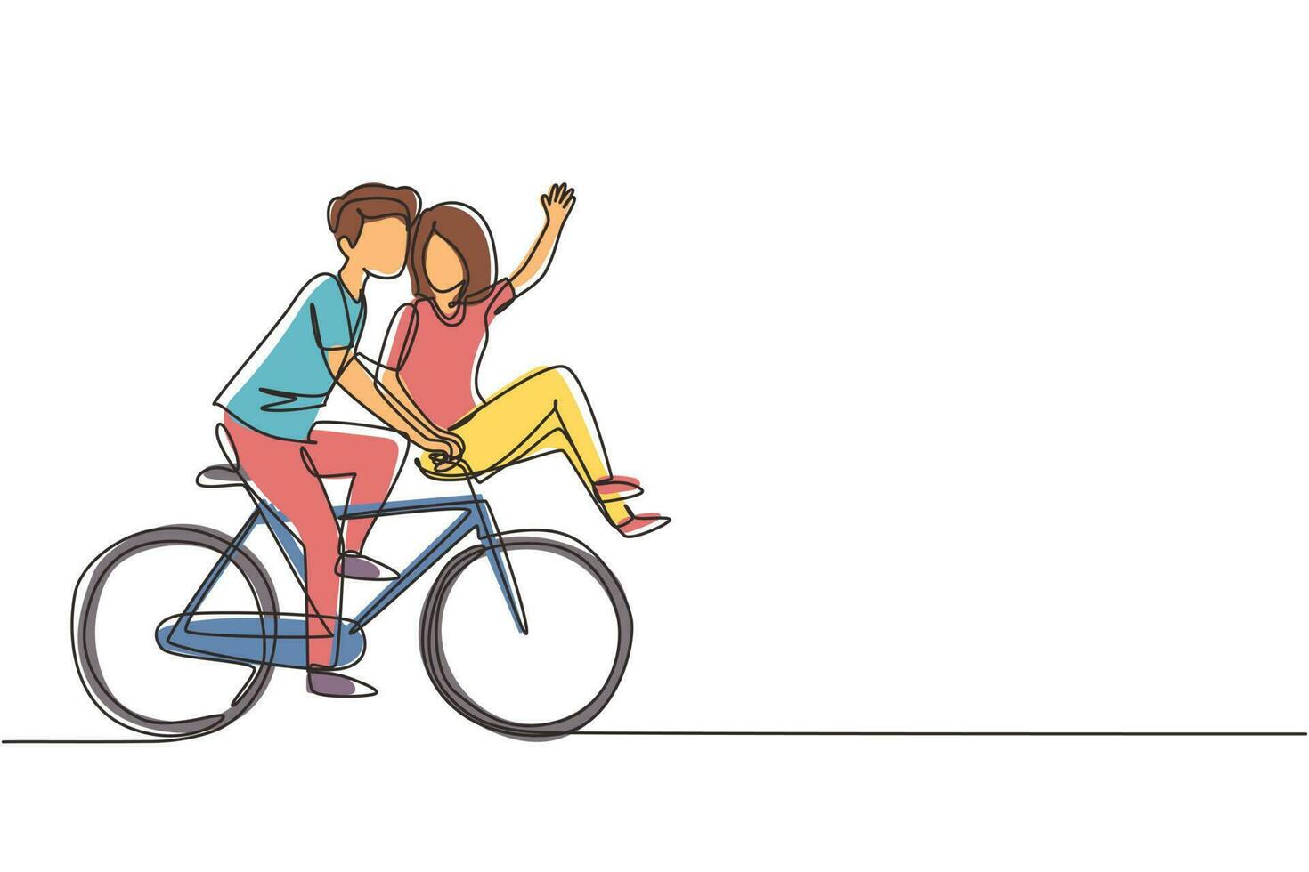 Single one line drawing cute romantic couple on date riding bicycle. Young man and woman in love. Happy married couple cycling together. Modern continuous line draw design graphic vector illustration