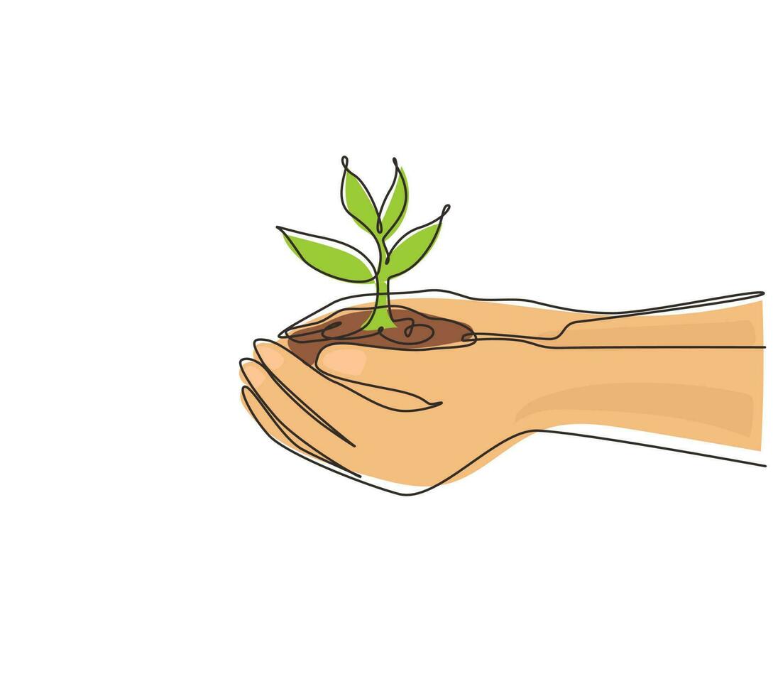 Continuous one line drawing environment earth day in the hands of trees growing seedlings. Hand holding tree on nature field grass forest conservation concept. Single line draw design vector graphic