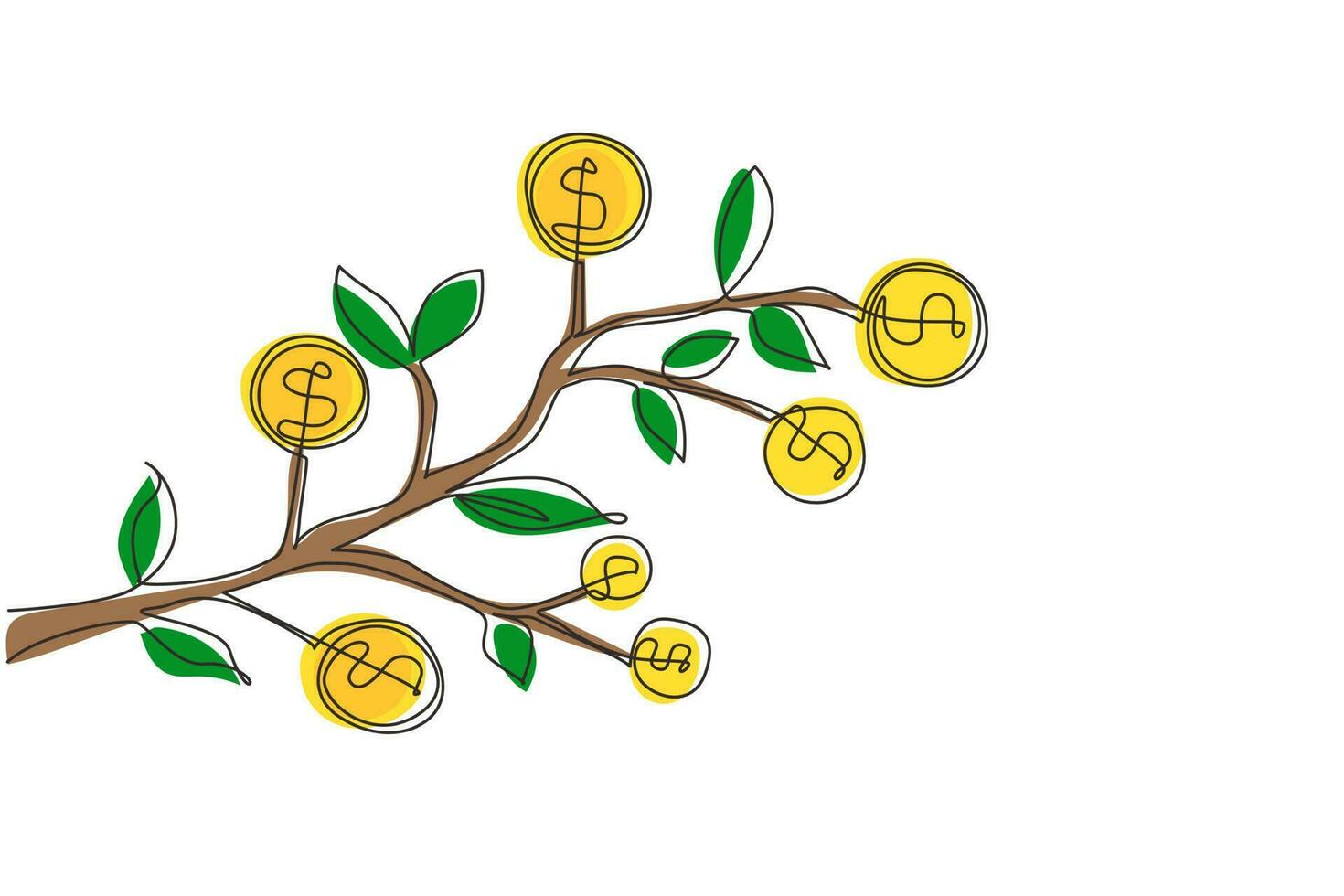 Continuous one line drawing dollar symbol hanging from tree branch. Money tree. Green cash banknotes with golden coins. Concept for return money investment. Single line draw design vector illustration