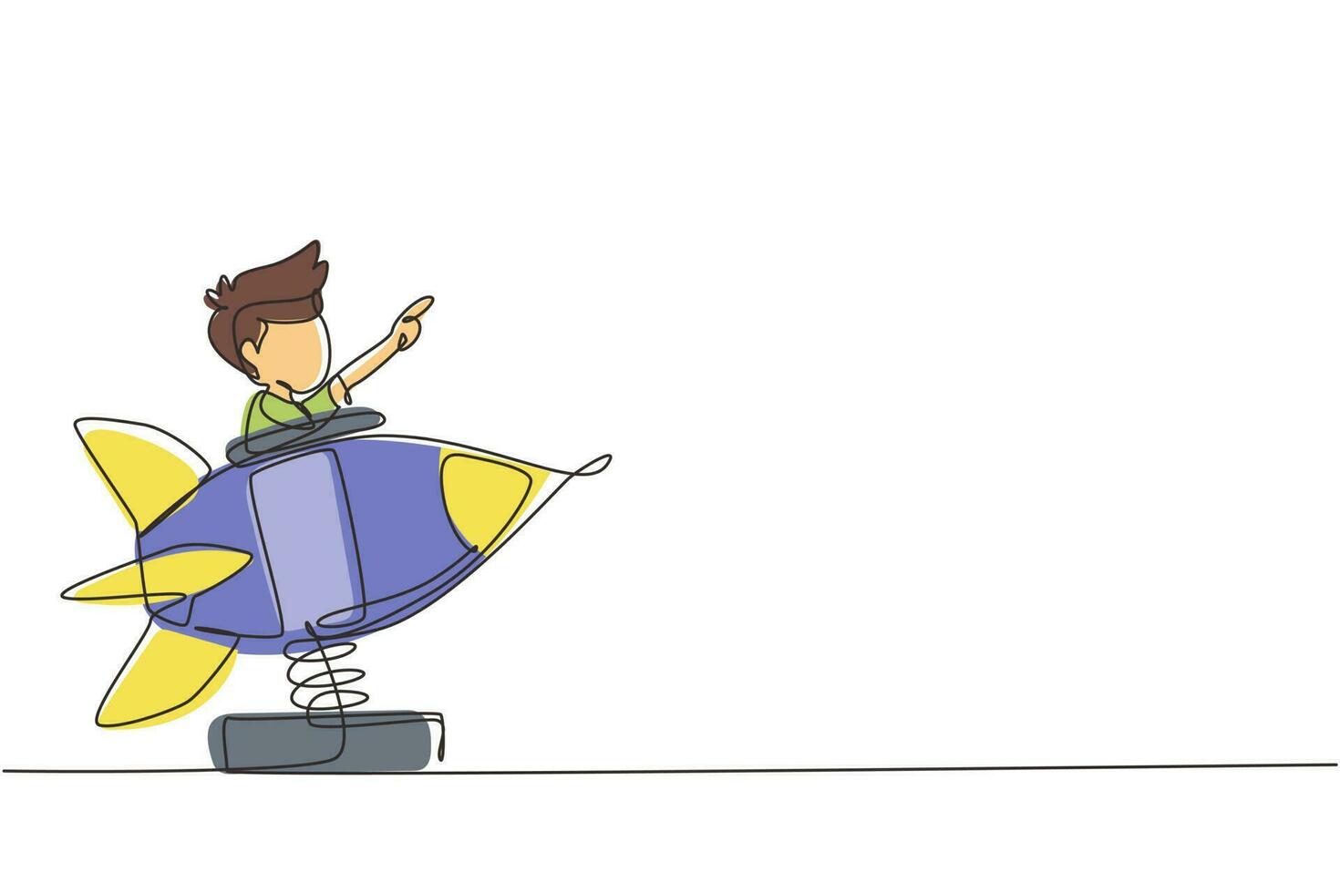 dibujo continuo de una línea niño montando en cohete de juguete. niño conduciendo nave espacial en el parque de atracciones. niño en cohete montando nave cósmica. patio de juegos para niños en edad preescolar. vector de diseño de dibujo de una sola línea