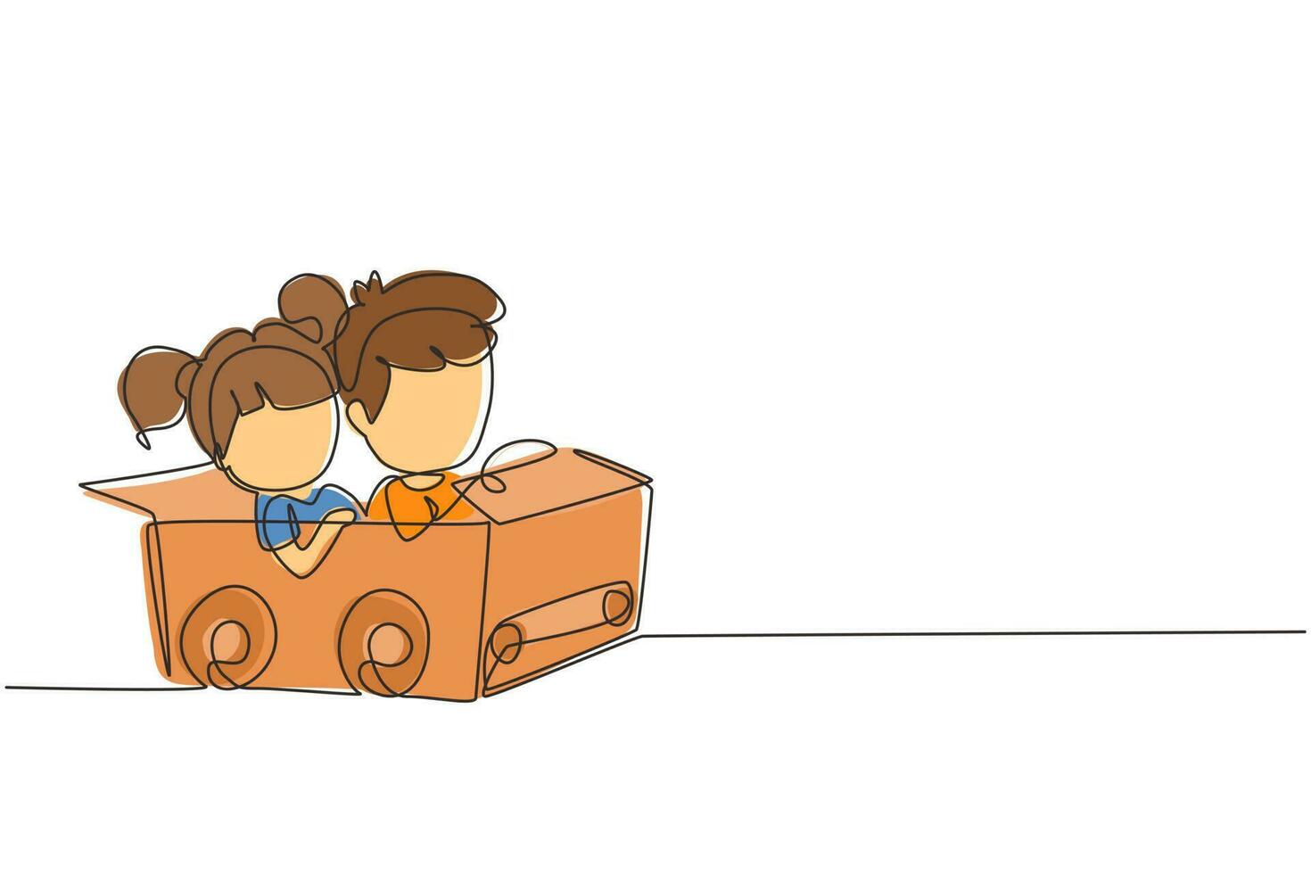Single one line drawing boy and girl driving with cardboard car. Happy child ride on toy car made of cardboard. Creative kids plays with her cardboard car. Continuous line draw design graphic vector
