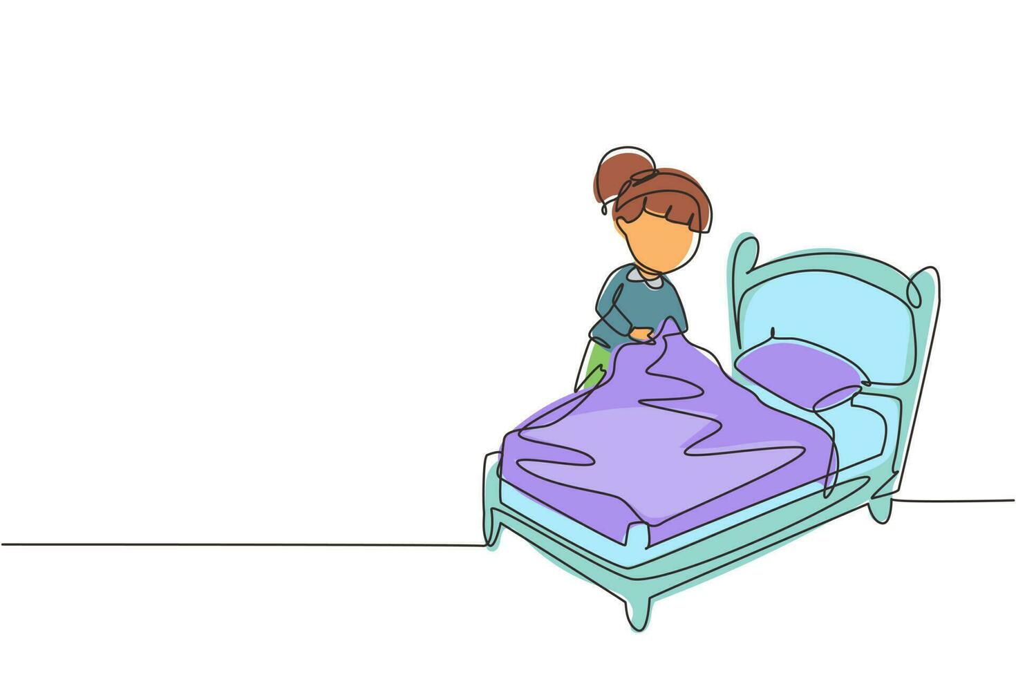 Continuous one line drawing cute girl making the bed. Kids doing housework chores at home concept. Kids routine after waking up to tidy up the bed. Single line draw design vector graphic illustration