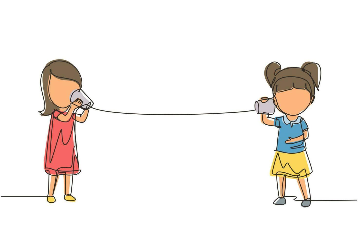 Single one line drawing girls speaking by tin can telephone. Two friends playing in phone with self made speech transmitting device, kids have fun speaking. Continuous line draw design graphic vector