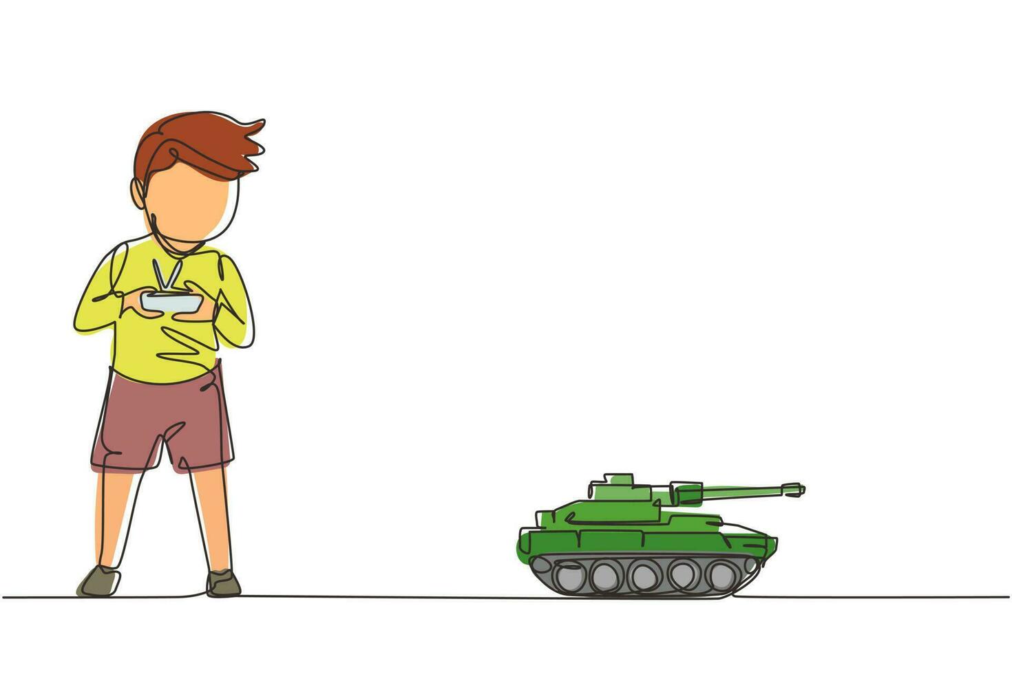 Single one line drawing boy playing with remote-controlled toy battle tank. Kids playing with electronic toy tank with remote control in hands. Continuous line draw design graphic vector illustration