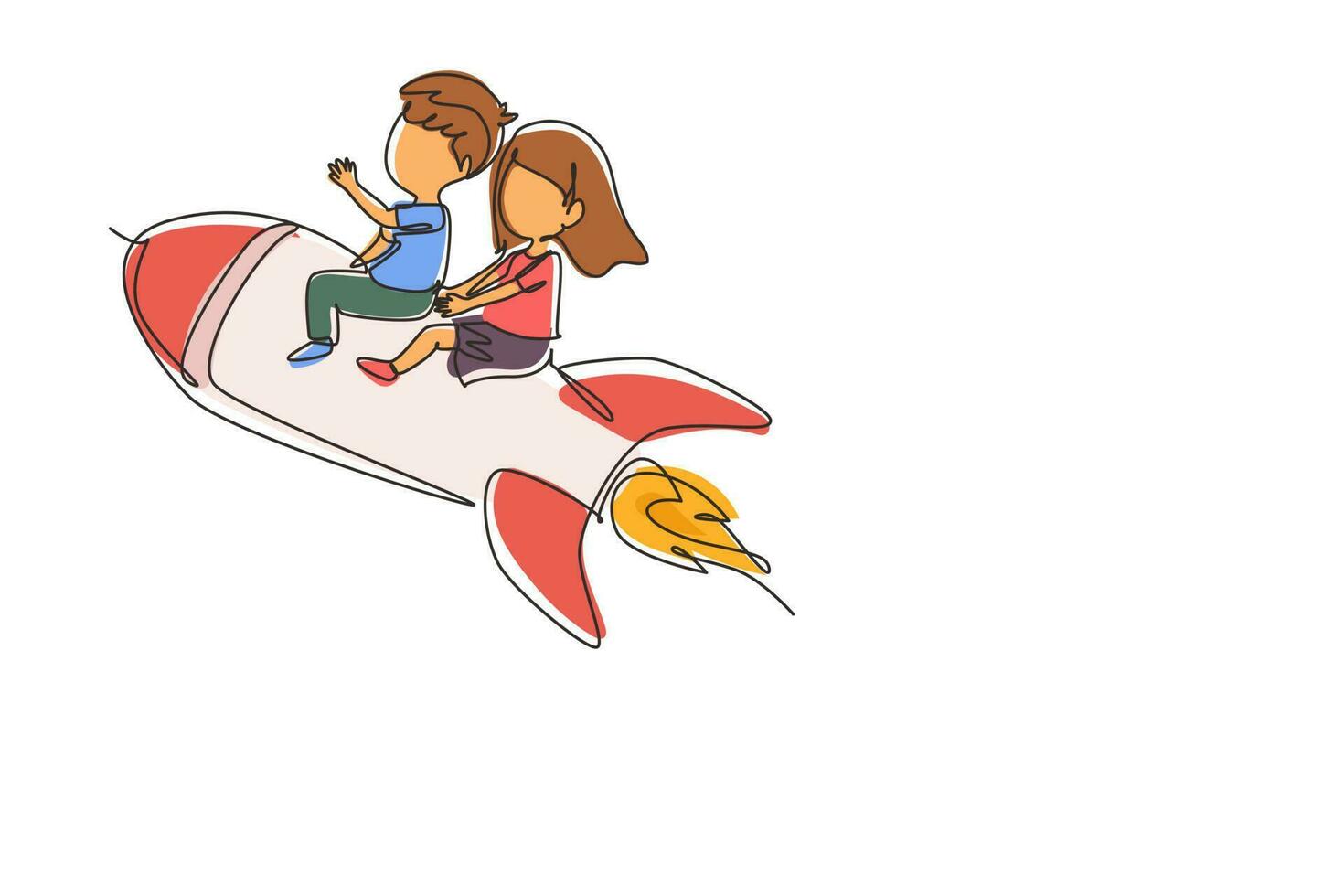 Continuous one line drawing happy boy and girl sitting on flying rocket. Preschool kids. Children sitting on rocket. Back to school. Educational. Single line draw design vector graphic illustration