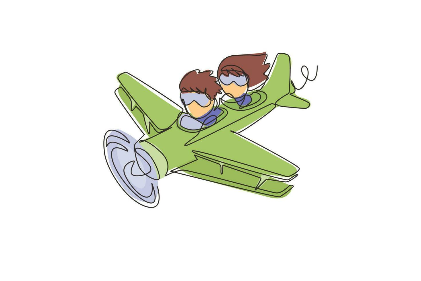 Continuous one line drawing little boy operating plane and a girl as passengers. Kids flying in airplane. Happy smiling kid flying plane like real pilot. Single line design vector graphic illustration