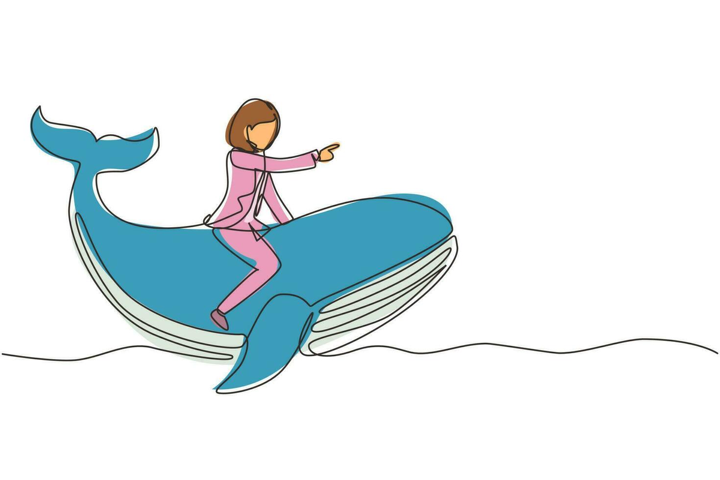 Single continuous line drawing brave businesswoman riding huge dangerous blue whale. Professional entrepreneur female character. Successful business woman. One line graphic design vector illustration