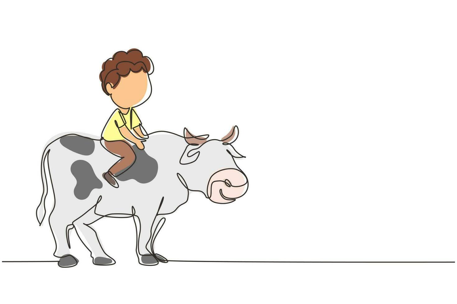 Continuous one line drawing happy little boy riding cow. Cheerful child sitting on back cow with saddle in ranch ground. Kids learning to ride cow. Single line draw design vector graphic illustration