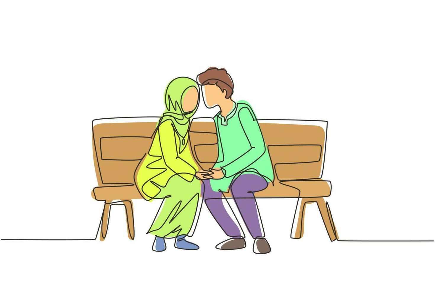 Continuous one line drawing kissing Arabian couple. Young man and woman face to face sitting on park bench and funny kissing. Romantic couple dating in spring. Single line draw design vector graphic