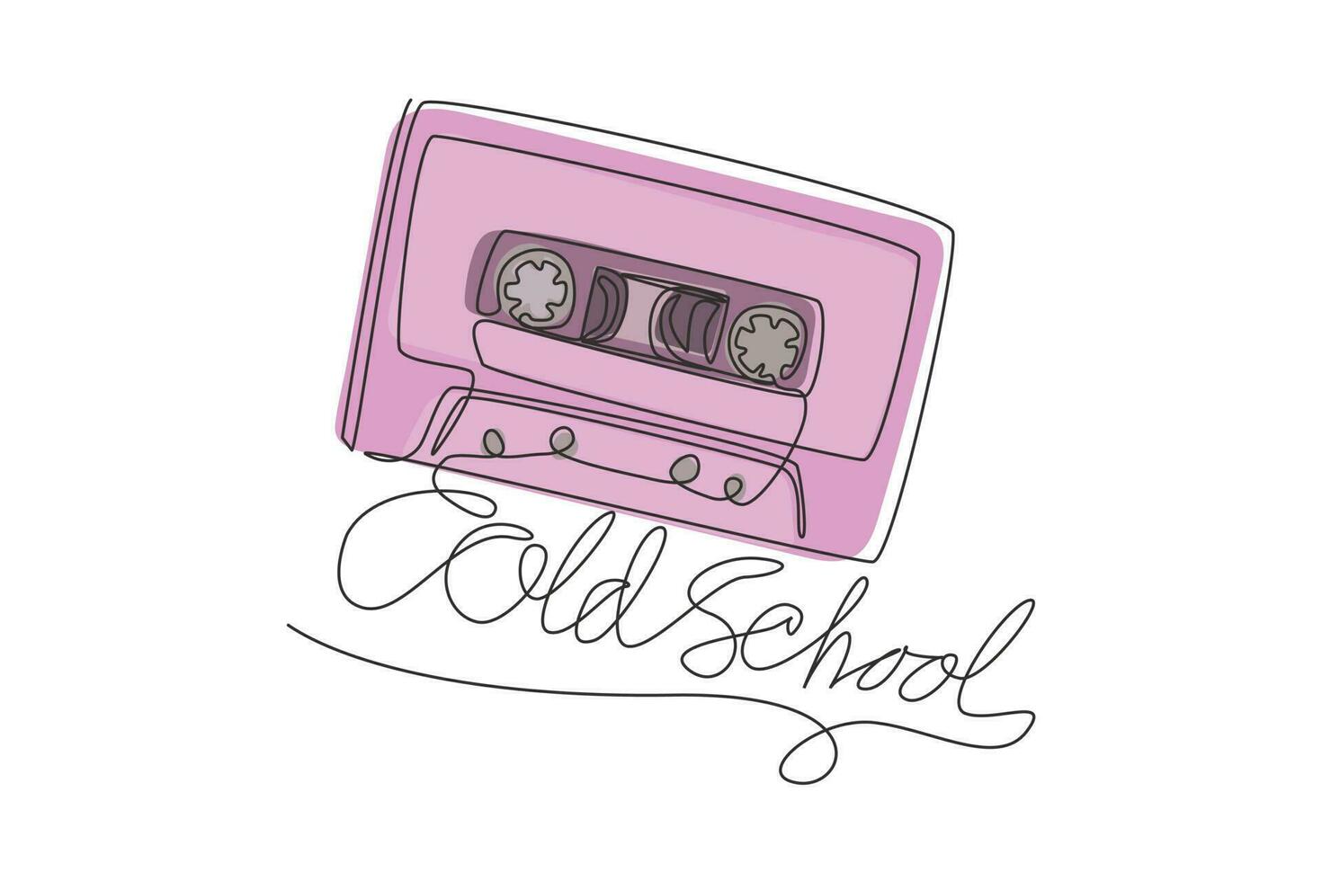 Continuous one line drawing old school slogan with cassette tape illustration. Audio cassette with retro symbol isolated on white background. Vintage music icon. Single line draw design vector graphic
