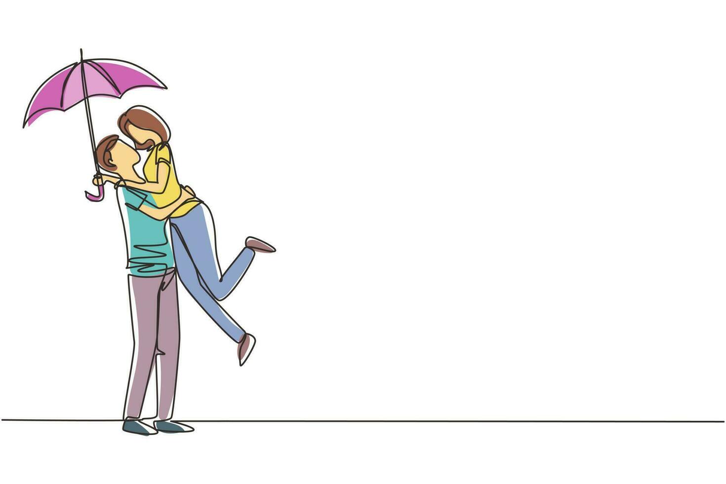 Single continuous line drawing cute couple in love under rain with umbrella. Happy man and woman walking at park and jumping. Married couple romantic relationship. One line draw graphic design vector