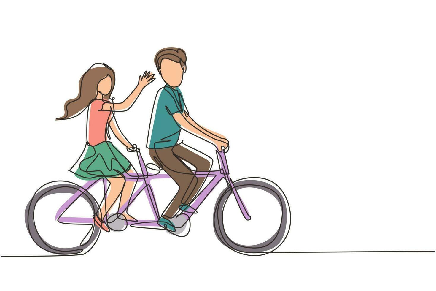 Continuous one line drawing romantic couple. Happy couple is riding tandem bicycle together. Happy family. Intimacy celebrates wedding anniversary. Single line draw design vector graphic illustration