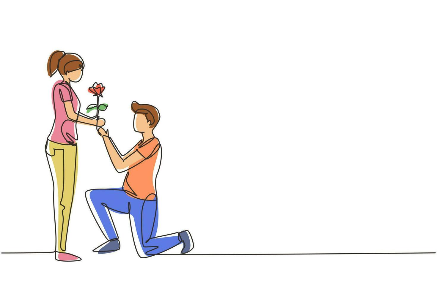 Single one line drawing man on knee gives flowers to woman. Young guy giving to girl rose flower for propose her. Happy romantic couple in love. Continuous line draw design graphic vector illustration