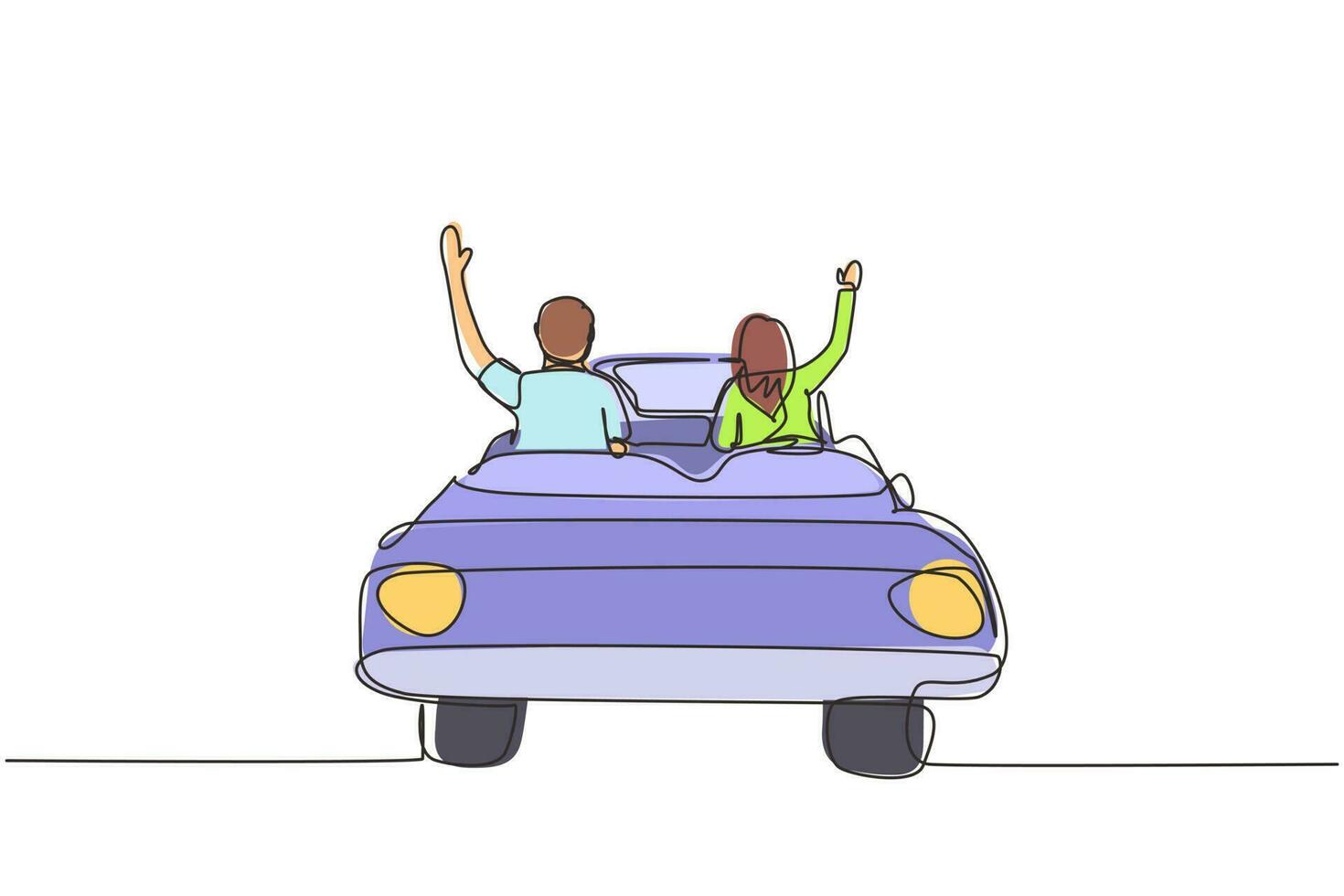 Single continuous line drawing happy free couple driving in cabriolet car in night city cheering joyful with arms raised. Couple summer vacation travel. One line graphic design vector illustration