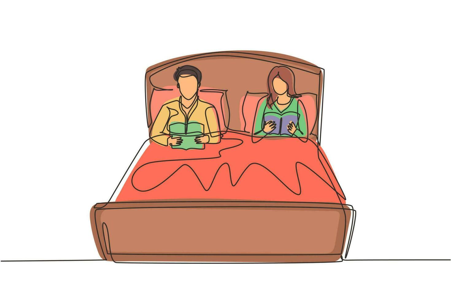 Single one line drawing married couple before going to bed, read books. Man and woman lying on bed together and reading book. Romantic couple resting at bedroom. Continuous line draw design graphic vector
