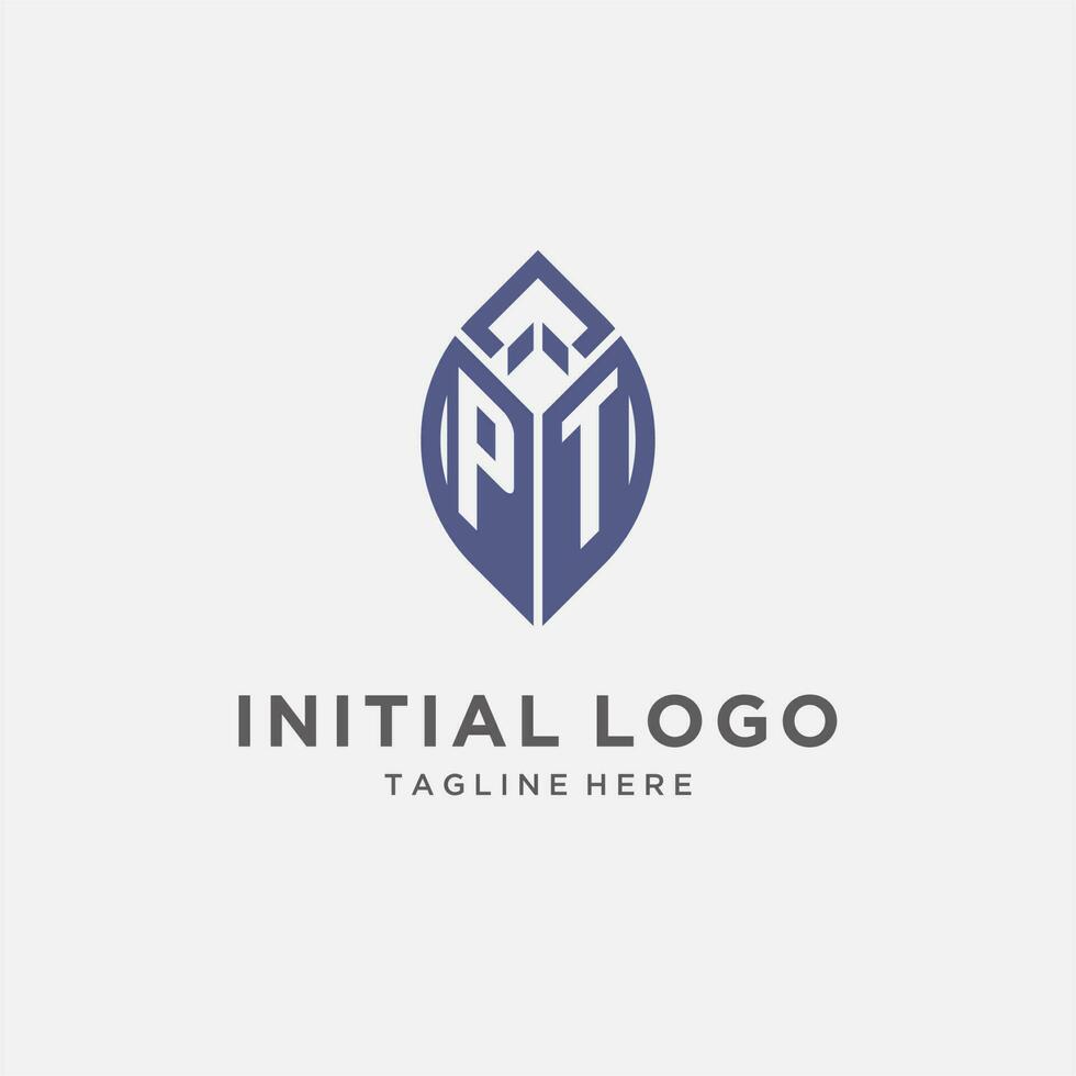 PT logo with leaf shape, clean and modern monogram initial logo design vector
