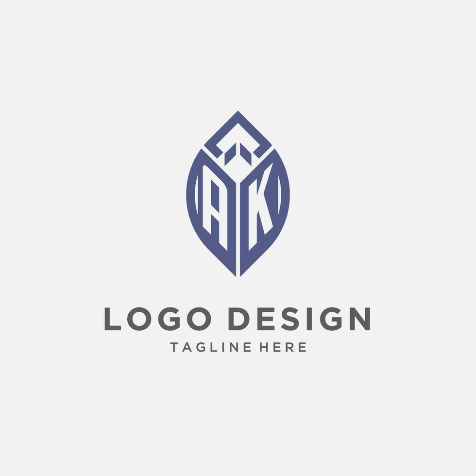 AK logo with leaf shape, clean and modern monogram initial logo design vector