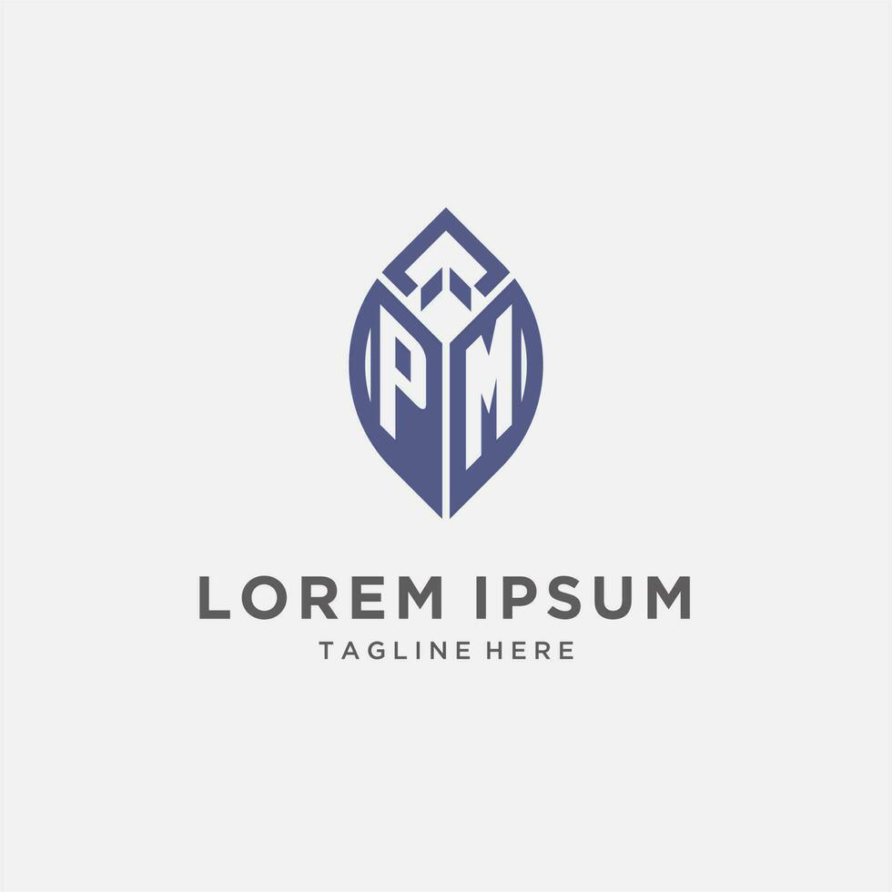 PM logo with leaf shape, clean and modern monogram initial logo design vector
